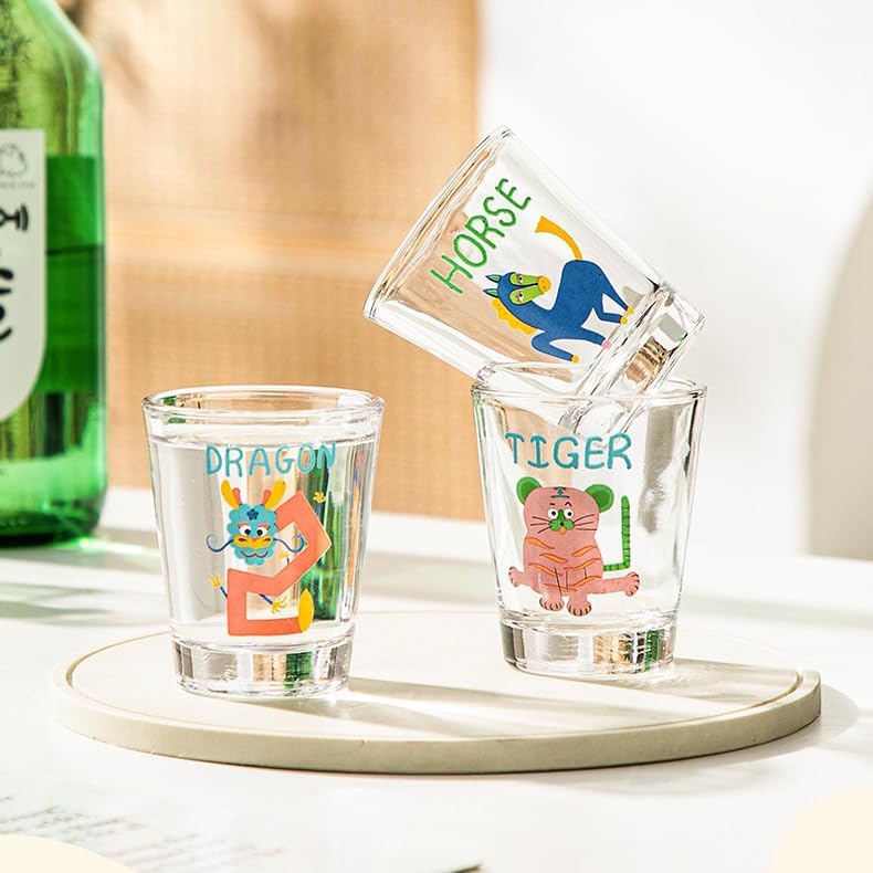 12 Traditional Zodiac Animal Shot Glasses Set - 1.7oz Heavy Base Colorful Printed Whiskey Glasses, 50ml Stemless Drinking Glasses for Tequila, Vodka, Espresso & Party Gift Ideas