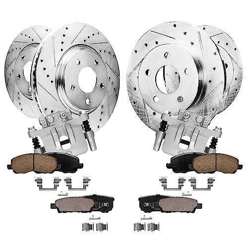 Image of Detroit Axle - Brake Kit for 2007-2017 Jeep Compass Patriot 2011-2014 Chrysler 200 2007-2010 Sebring 2008-2014 Dodge Avenger 2008-2012 Caliber, Front Rear Drilled Rotors Brake Pads & 2 Rear Calipers