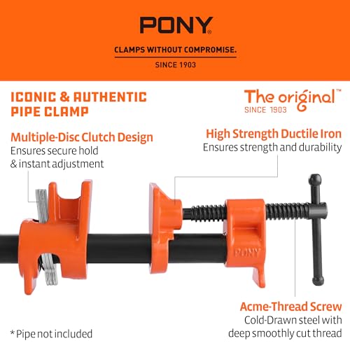 Image of PONY ORIGINAL 2-Pack 52 Wood Gluing Pipe Clamp Fixture for 1 /2 Inch Black Pipe