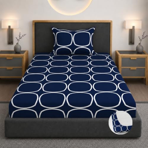 Image of Vaini Premium Heavy Cotton Elastic Fitted Bedsheets with 1 King Size Pillow Covers || Single Bed with All Around Elastic 350 TC || 36 x 78 x 6 Inch Single Size Fitted || :- Blue Round