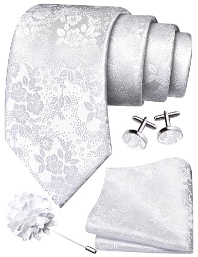 Image of GUSLESON 3.15 inch（8cm） Mens Floral Tie and Lapel Pin Necktie Hankerchief Cufflinks Set for Men