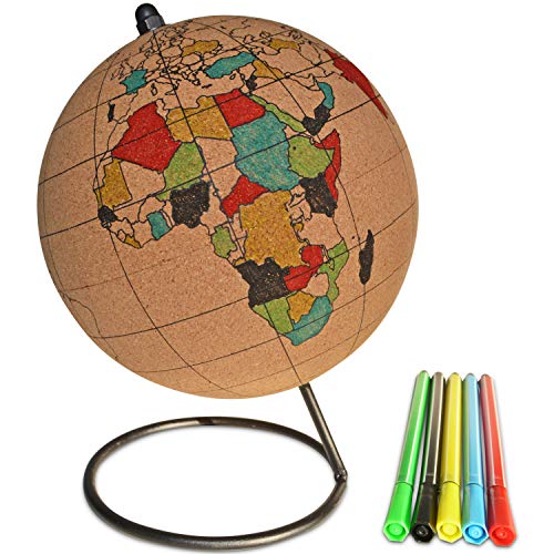 Globe Trekkers - Small Color-in Cork Globe with 5 Different Colored Markers & Durable Steel Base | Great for Mapping Travels & Educational Purposes | Does Not Have Plastic Strip Like Most