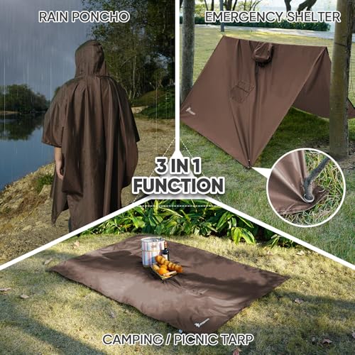 Image of PTEROMY Reusable Rain Poncho, Waterproof Lightweight Unisex Hooded Raincoat for Outdoor Hiking Camping Fishing, Brown, One Size