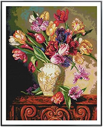 Funchey Stamped Cross Stitch Kits Beginners Full Range of Embroidery Starter Kits for Adults Printed Cross Stitching DIY kit (Tulip vase (18.5×22.4 inch))