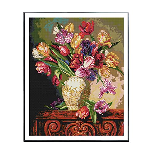 Funchey Stamped Cross Stitch Kits Beginners Full Range Of Embroidery Starter Kits For Adults Printed Cross Stitching Diy Kit (Tulip Vase (18.5×22.4 Inch)) #TOP2