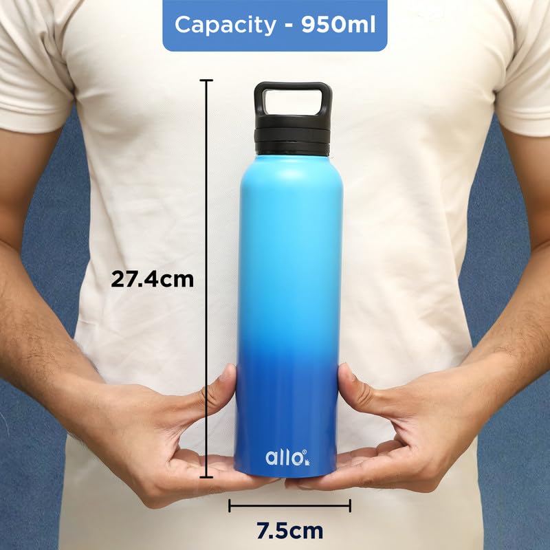 Image of Allo Stainless Steel Water Bottle For Adults, Kids 950ml For School, Office, Sports, Gym 950ml Water Bottle For Men And Women, Pack Of 2| Leak Proof, Bpa Free, Pink And Baby Blue, Light And Dark Blue
