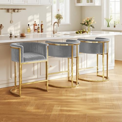 Mearounliving 26 H Counter Height Bar Stools Set of 3, Modern Barrel Counter Stools with Backrest, Velvet Upholstered Barstools for Kitchen Island, Gold Frame, Support 450 LBS (Grey)