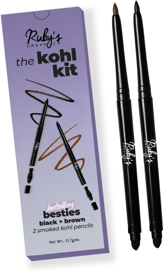 Ruby's Organics Kohl Eyeliner Beauty Gift Kit for Women- with In-Built Smudger,Extra Smooth & Long Lasting Kajal,Organic Eye Makeup,100% Natural,Black & Brown-0.35g each- Combo Pack of 2,Solid