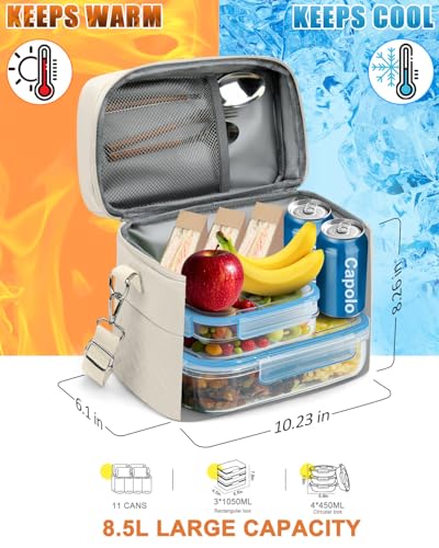 Capolo Lunch Box for Women Men Adults,Insulated Lunch Bag Leakproof Lunch Cooler Box with Removable Strap Cute Lunch Tote Bags Reusable Thermal Lunchbox for School Work Picnic(Small,Beige)