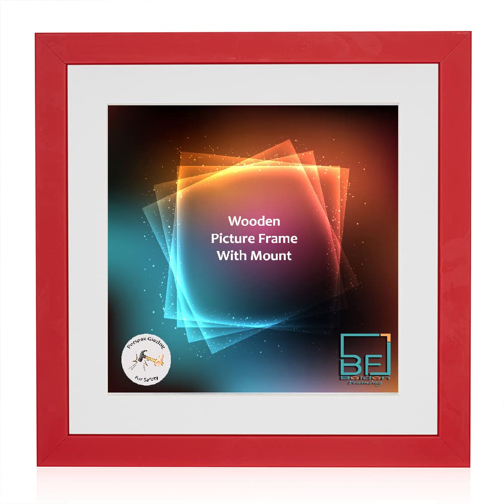 Boldon Framing - Red, Square Thin Photo Frame in Solid Wood with White Wall Mount, 16x16 Frame Size 14x14 Picture Display