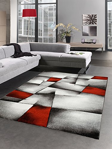 CARPETIA Modern Tapis Poil Ras Tapis de Salon résumé Karo Noir Gris Blanc Rouge Größe 80x150 cm