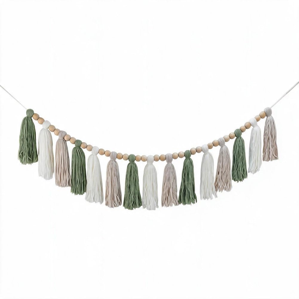 DrCor Sage Green Tassel Garland Boho Wall Hanging Nursery Baby Shower Decor