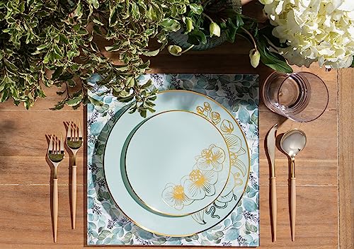 Posh Setting 32 Piece Plastic Plates Set Elegant Disposable Dinnerware Green Floral Design With Gold Rim Party Plates Holiday Christmas Thanksgiving Tableware #TOP1