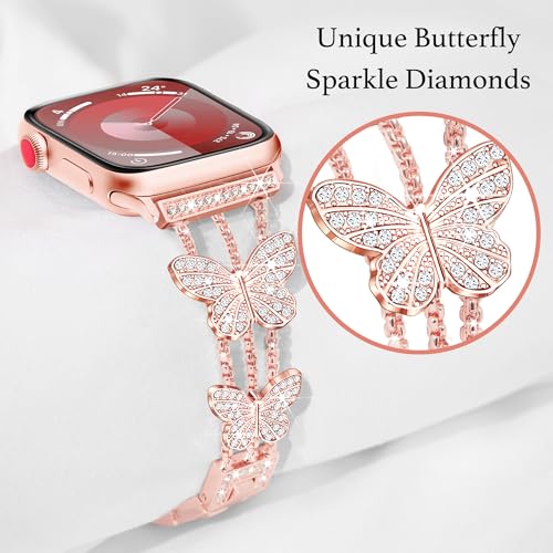 Image of Butterfly Band for Apple Watch Bands 44mm 45mm 46mm Rose Gold | Series 11 10 9 8 7 6 5 4 3 iWatch SE Ultra Band for Women, Slim Thin Metal Fancy Bling Cute Dressy Strap for Apple Watch Band