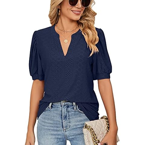 QPQEQTQ Womens V Neck Ruffle Sleeve Blouses Summer Short Sleeve Casual Loose Tops T-Shirts U37201-NavyBlue XL Cover