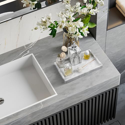 Image of Real Natural Marble Tray for Bathroom, Vanity, Kitchen and Desktop, Rectangle Genuine Marble Stone Tray for Jewelry, Cosmetics, Candles, Lotion, Perfume and Home Decor