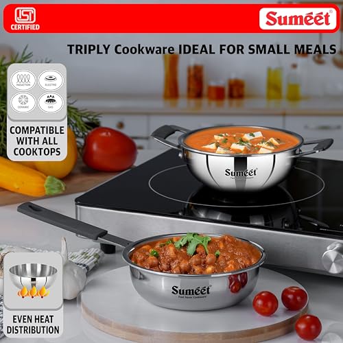 Image of Sumeet Cook Smart ISI Certified Tri-Ply (Steel - Aluminium - Steel) Set of 2 Pcs Mini Kadai 370ml - FryingTadka Pan 400ml with Silicon Grip | Induction and Gas Friendly | 2.5mm Thick, Silver