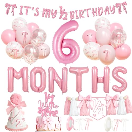 Costova Pink Bow 1/2 Birthday Girl Decorations Kit - Complete Pink Bow Half Way to One Theme Party Kit for 6 Months Birthday Party Dcor
