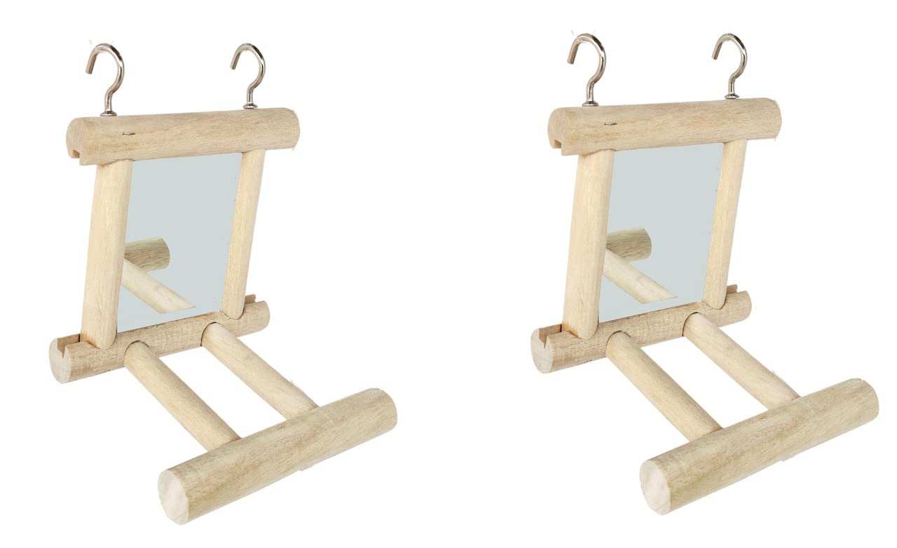 KSK 2 Pcs Birds Toy for Cage,Parrot Hanging Swing with Mirror,Natural Wooden Play Toys, Pet Bird Cage Accessories with Metal Hook(Small)-image-39