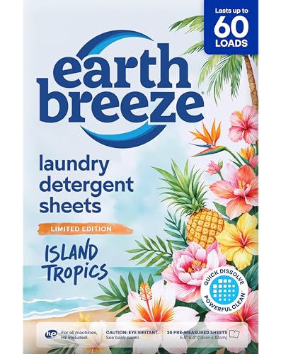 Image of Earth Breeze Laundry Detergent Sheets Island Tropics - 60 Loads - Eco Laundry Sheets - Travel Laundry Soap Sheets for Hot & Cold Cycles - Tackles Tough Stains & Odors - Gentle on Skin, 30 Ct