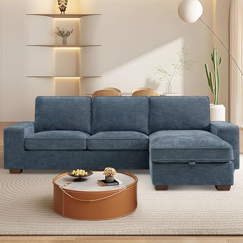 TEKAMON 99" Convertible Sectional Sofa Couch with Chaise Storage, Modern L Shaped Reversible Couch for Living Room, Comfy Chenille Fabric Loveseat Sofa, Removable Cushion Covers/USB Type-C Ports Blue