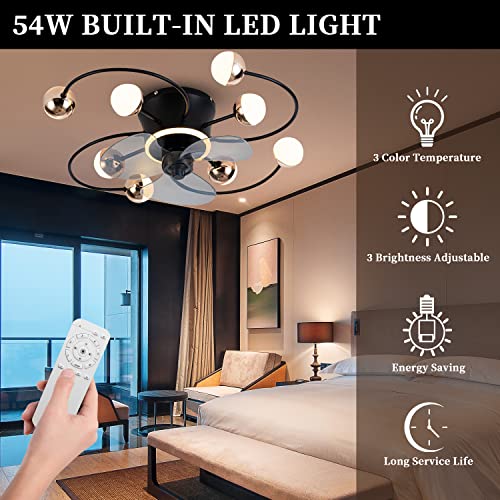 Mq 27'' Ceiling Fan With Light Remote Control, Dimmable Led Ceiling Fans With 3 Color Temperatures, 1/2/4/8H Timing, Noiseless Reversible Motor For Bedroom/Living Room/Study/Kitchen/Porch (Black) #TOP29