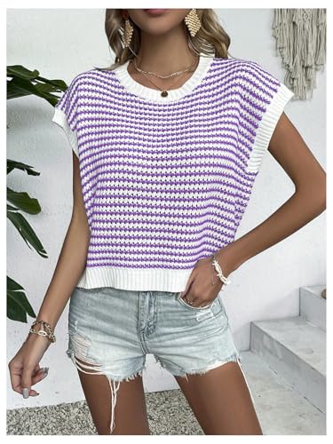 Image of Milumia Women's Striped Short Sleeve Sweater Vest 2025 Summer Cap Sleeve Pullover Tank Top