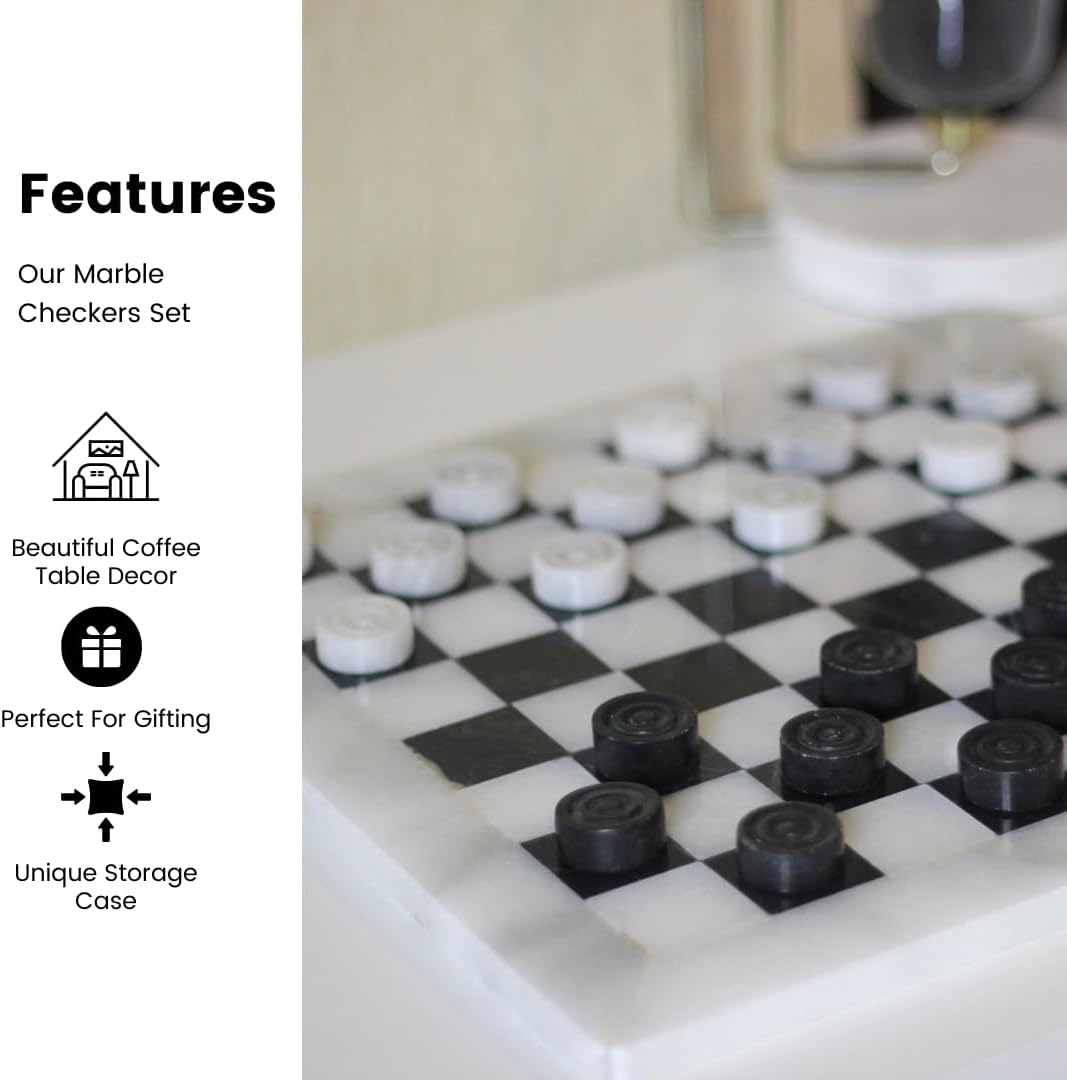 Premium Marble Checkers Board with Marble Pieces | Handcrafted Luxury 13" Marble Checkers Set w/Velvet Gift Box