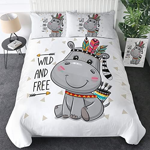 Housse de couette 160x200 doux microfibre respirante motif hippopotame enfant