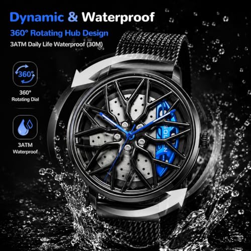 Image of Men's Car Wheel Watches, Stylish Racing Rotating Dial Analog Watches | Japanese Quartz, Luminous Function, 30M Waterproof, 360 Rotating Dial, Casual Luxury Wrist Watch, Gift for Car Enthusiast