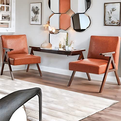 Huimo Mid Century Modern Chair,Accent Chair,Wooden Armchair,Chairs For Living Room,Reading Chair, Upholstered Elegant Bedroom Chair, Side Chair (Brown Set Of 2) #TOP19