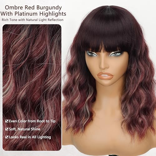 Image of Nnzes Short Wavy Bob Wig with Bangs for Women Shoulder Length Curly Soft Dark Brown to Wine Ombre Synthetic Heat-Resistant Fiber Hair for Daily & Party Use