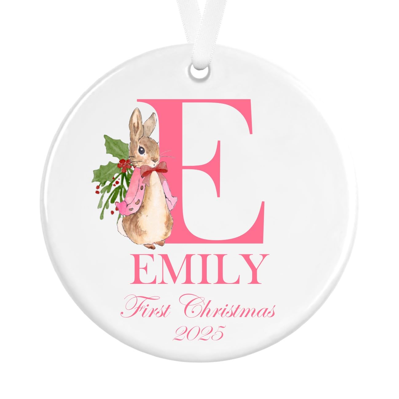 Personalised Baby's First Christmas Ceramic Bauble | Snow Rabbit Baby Girl Boy Newborn Ceramic Round Ornament Tree Decoration Keepsake (Pink, Design 3)