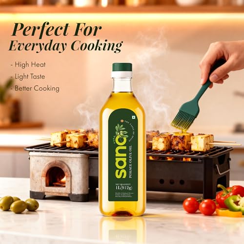 Image of SANO Pomace Olive Oil 1Litre | Imported from Spain | MUFA-Rich Edible Oil | High Smoke Point | Cholesterol and Trans Fat-Free | Ideal for Deep Frying, Frying, Roasting, Grilling and Baking