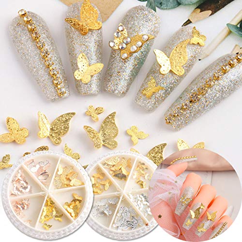 2 Round Boxes 3D Gold Silver Butterfly Nail Art Charms Metallic Nail Stickers Sequins Mini Holographic Resin Nail Glitter Decals Nail Art Supplies For Women Kids Elegant Nail Decoration Accessories #TOP1