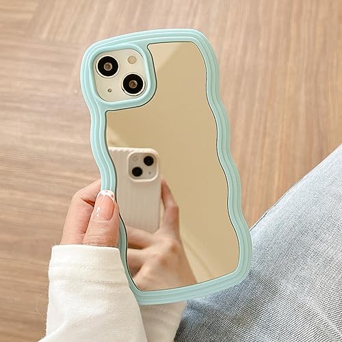 GINASH Funda de Onda rizada con Espejo Bonito Coreano para iPhone 11 12 13 Pro MAX 13Pro X XR XS MAX Funda de Maquillaje Suave a Prueba de Golpes estética s, Azul, para iPhone XR