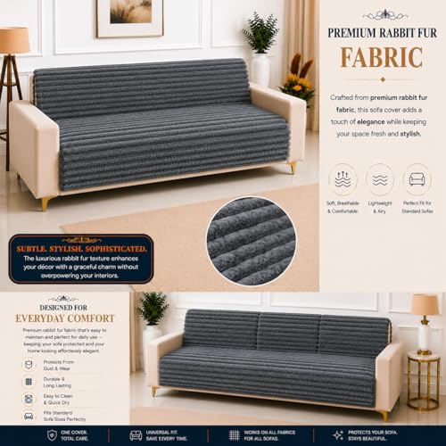 Image of Homerz Premium Rabbit Fur Sofa Cover with Anti-Skid Backing, Soft Plush Fabric Sofa Protector for Living Room Furniture (Grey, 5 (3+2) Seater, Seat Cover with Backrest)