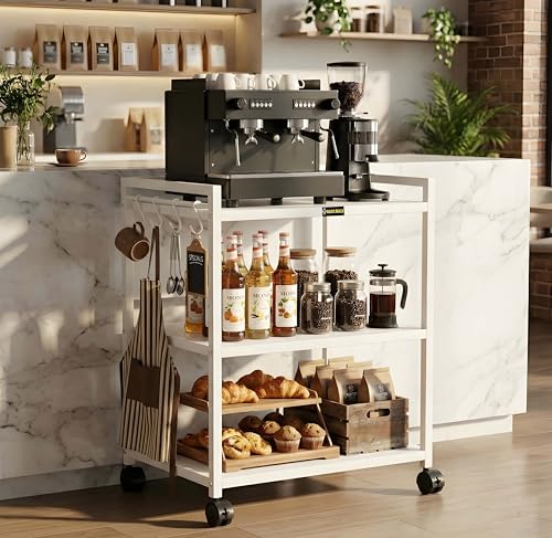Image of 3 Tier Metal Kitchen Storage Rack with Wheels | Heavy Duty Multipurpose Microwave Oven Stand | Rolling Utility Shelf for Home, Office & Bathroom Organizer (White)