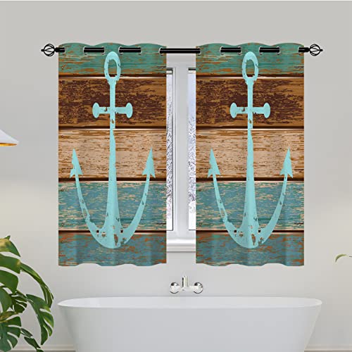 Anhope Anchor Curtains - Retro Teal Blue Brown Wooden Plank Beach Nautical Theme Print Pattern Waterproof Grommet Window Drapes For Bedroom Kitchen Bathroom Window Small Closet 2 Panels W27.5 X L39 #TOP2