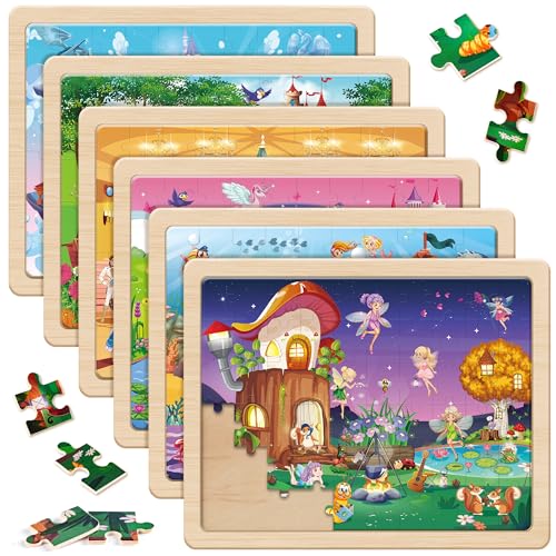 SYNARRY Puzzle Princess from 4 5 6 7 8 Years, 6 x 60 Pieces Children's Unicorn Wooden Puzzle, Preschool Educational Toy, Gifts for Children Girls Boys