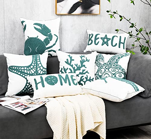Decopow Embroidered Nautical Decor Pillow Cover,Square 18 Inches Decorative Canvas Pillow Cover For Nautical Style Deco By (Seagreen-Seahorse-New) #TOP4