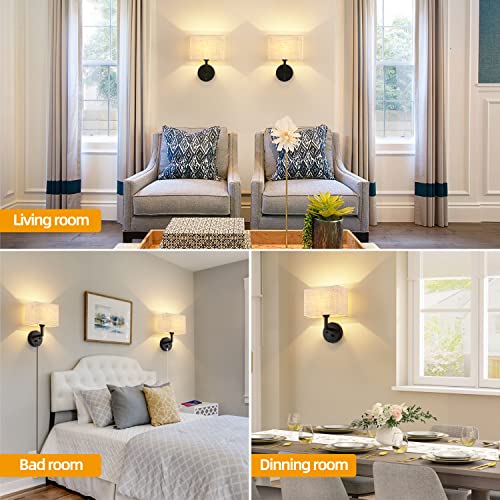 Image of Plug in Wall Sconce with Dimmer Switch and USB Port,9.5 inchRectangular Linen Fabric Shade,Bedside Wall Lamp Matte Black Finish,Wall Lamp Perfect for Bedroom, Living Room and Hotel. E26 Base