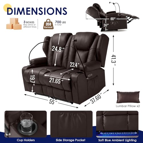 Image of Redlife Power Loveseat Recliner Sofa, PU Leather Dual Reclining Couch with Vibration ＆ Heating, Blue LED Base Lights, USB Ports, Cup Holders & Phone Holders, Home Theater & RV Reclining (Brown)