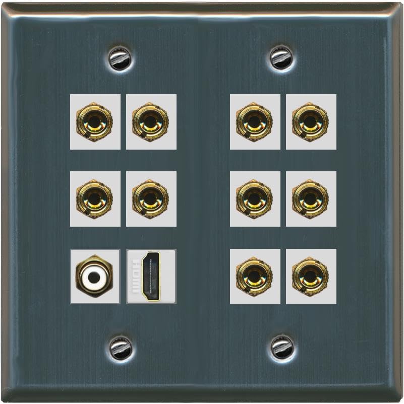 RiteAV 5.1 Surround Sound Speaker and 1 Port HDMI RCA Wall Plate 10 Banana - Flat 2 Gang [Black/Black]