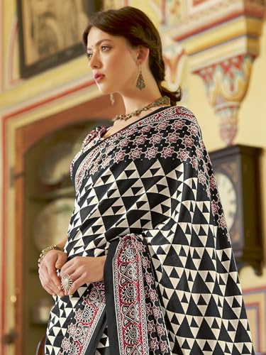 Image of SAREE MALL Women's Ajrkh Print Satin Crepe Polka Dot Printed Saree With Unstitched Blouse Piece