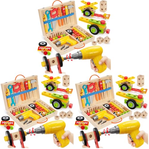 Image of Kids Tool Set Toy with Drill, Stem Montessori Toys for 3 4 5 Years Old Boy Girl, 44 Pcs Wooden Toddler Tool Kits Inc Box, Learning Educational Construction Toy (Pack of 3)