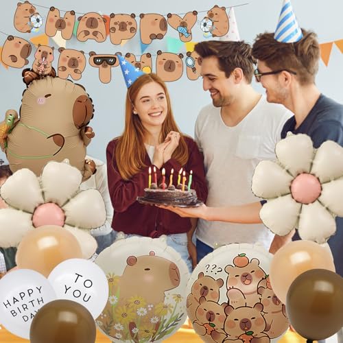 13 Pezzi Décoration Anniversaire Capybara avec Guirlande Happy Birthday, Ballons Capybara & Marguerite, Ballons Latex, Kit Décoration Fête Enfant pour Amoureux des Capybaras – vue 6