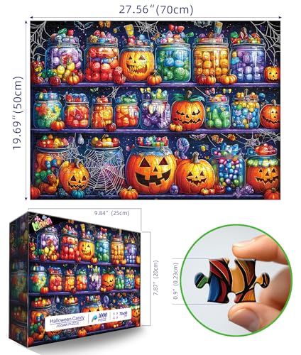 Image of Halloween Candy Jars 1000 Piece Puzzle for Adults Spooky Night Mason Jars Challenging Jigsaw Puzzles for Adults Family Game Night (27 inchx19 inch)