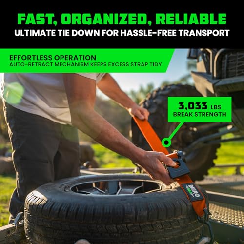 Image of Rhino USA Retractable Ratchet Straps (2-Pack) - 2 Inch x 10 Feet (3,033lb Break Strength) - Heavy Duty Auto Self Retracting Tie Down Straps for Truck, Cargo Trailer, Motorcycle, Rad & More - Orange