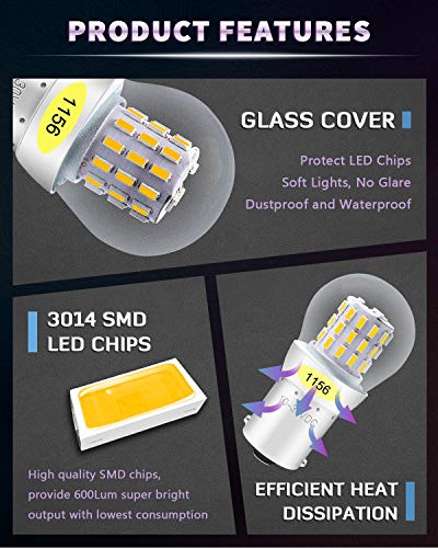 Qoope 1156 Led Bulb With Glass, Super Bright 1141 7506 1073 P21W Ba15S Led Bulbs 10V-30V Non-Polarity 39Smd Replacement For Brake/Tail/Turn Signal/Side Marker Lights Warm White (Pack Of 2) #TOP2